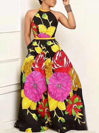 Colorblock Floral Sleeveless Wide Leg Jumpsuits