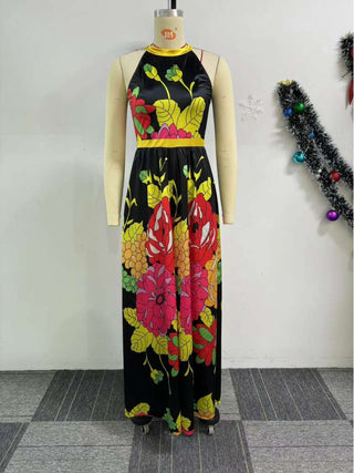 Colorblock Floral Sleeveless Wide Leg Jumpsuits