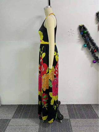 Colorblock Floral Sleeveless Wide Leg Jumpsuits