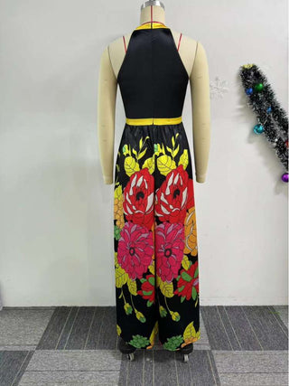 Colorblock Floral Sleeveless Wide Leg Jumpsuits