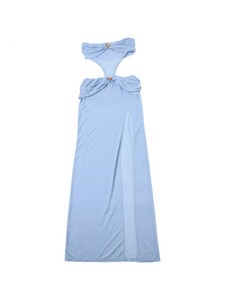 Ruched Hollow-out Strapless Side Slit Maxi Dress