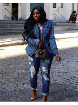 Distressed Denim Buckle Lapel Blazers Jackets