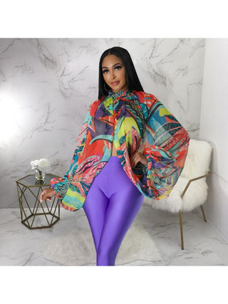 Print Batwing Sleeve Chiffon Design Tops