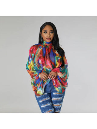 Print Batwing Sleeve Chiffon Design Tops