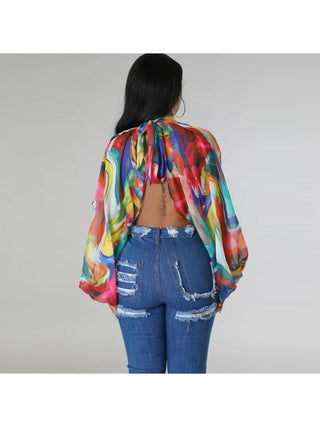 Print Batwing Sleeve Chiffon Design Tops