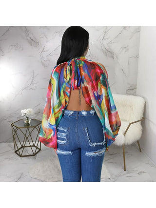 Print Batwing Sleeve Chiffon Design Tops