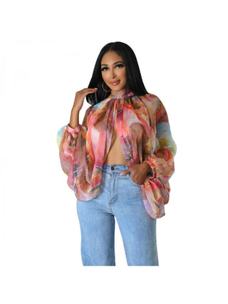 Print Batwing Sleeve Chiffon Design Tops