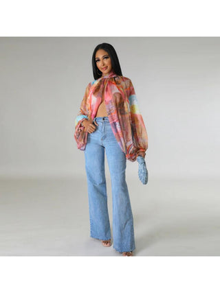 Print Batwing Sleeve Chiffon Design Tops