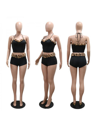 Leopard Pattern Patchwork Halter Shorts Sets