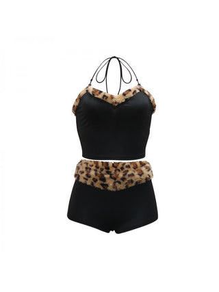 Leopard Pattern Patchwork Halter Shorts Sets