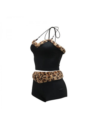 Leopard Pattern Patchwork Halter Shorts Sets