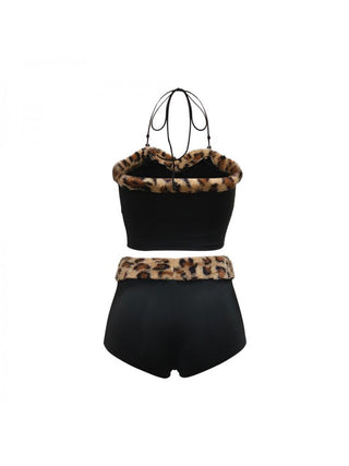 Leopard Pattern Patchwork Halter Shorts Sets