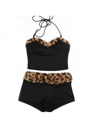 Leopard Pattern Patchwork Halter Shorts Sets