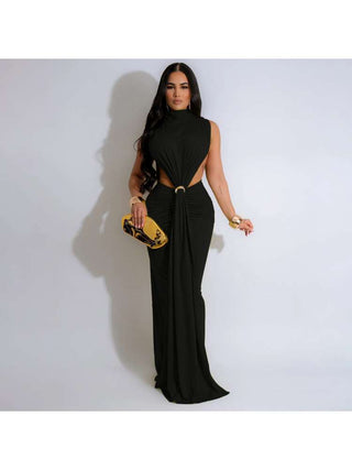 Solid Color Ruched Split Hem Sleeveless Maxi Dress