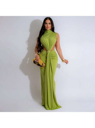 Solid Color Ruched Split Hem Sleeveless Maxi Dress