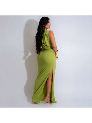 Solid Color Ruched Split Hem Sleeveless Maxi Dress