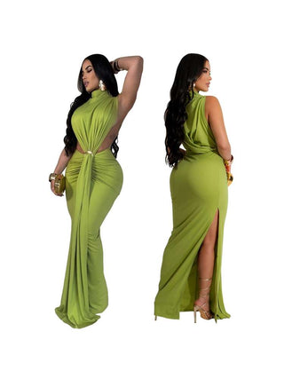 Solid Color Ruched Split Hem Sleeveless Maxi Dress