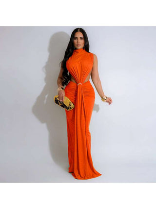 Solid Color Ruched Split Hem Sleeveless Maxi Dress