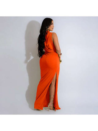 Solid Color Ruched Split Hem Sleeveless Maxi Dress