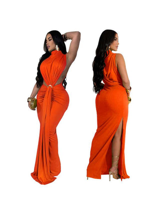 Solid Color Ruched Split Hem Sleeveless Maxi Dress