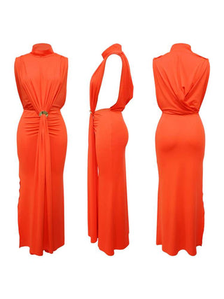 Solid Color Ruched Split Hem Sleeveless Maxi Dress