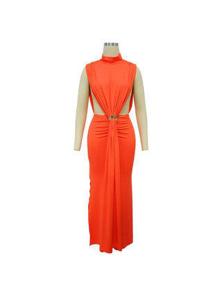 Solid Color Ruched Split Hem Sleeveless Maxi Dress