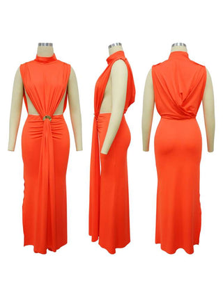 Solid Color Ruched Split Hem Sleeveless Maxi Dress