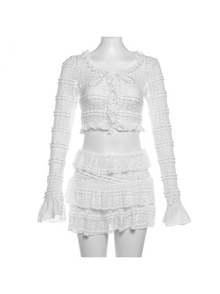 Ruffle Lace Up Trumpet Sleeve Cropped Skirt Sets