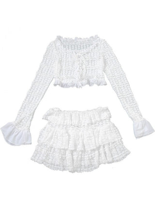 Ruffle Lace Up Trumpet Sleeve Cropped Skirt Sets