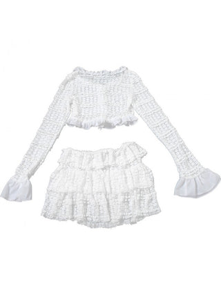 Ruffle Lace Up Trumpet Sleeve Cropped Skirt Sets