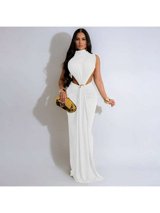 Solid Color Ruched Split Hem Sleeveless Maxi Dress