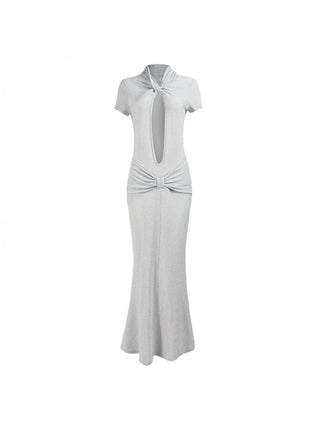 Ruched Hollow-out V Neck Short Sleeve Maxi Dress