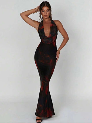 Printed Cowl Neck Halter Backless Mermaid Dress