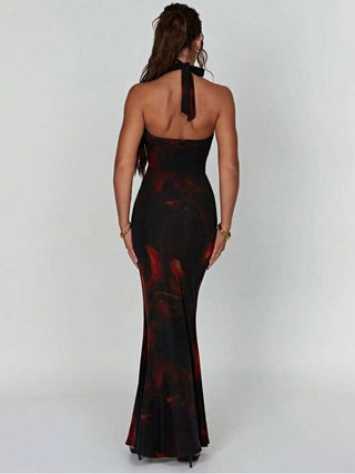 Printed Cowl Neck Halter Backless Mermaid Dress