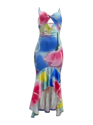 Colorblock Hollow-out Ruffle Split Hem Slip Dress