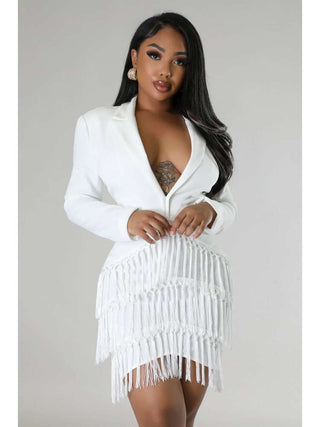 Fringe Pure Color Long Sleeve Blazer Dresses