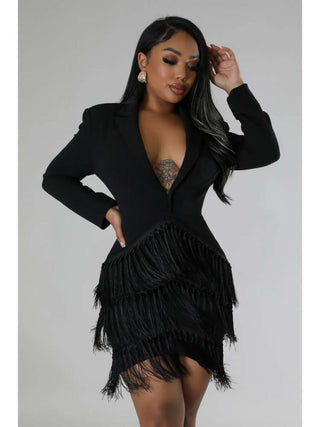 Fringe Pure Color Long Sleeve Blazer Dresses