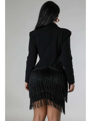 Fringe Pure Color Long Sleeve Blazer Dresses