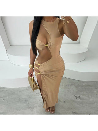 Metal Decor Hollow-out Side Slit Maxi Dress