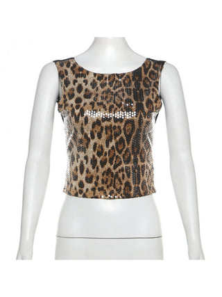 Leopard Sequin Lace Backless Tanks