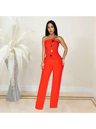 Strapless Buckle Patchwork Straight Jumpsuits