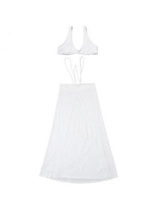 V Neck Cropped Tank Drawstring Skirt Sets