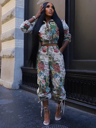 Floral Printed Zipper Coats Pant Sets