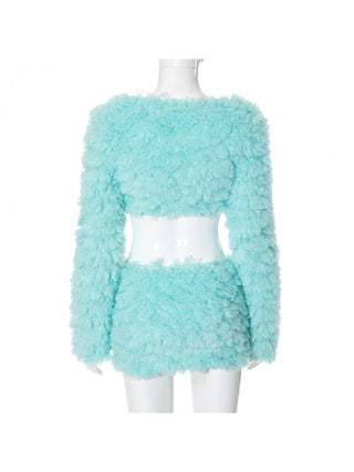 Fluff Cropped Coats Bodycon Skirt Sets