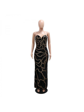 Sequin Strapless V Neck Fitted Maxi Dress