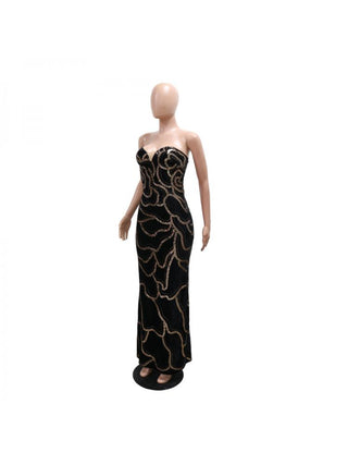 Sequin Strapless V Neck Fitted Maxi Dress