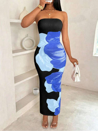 Colorblock Floral Printed Strapless Maxi Dress