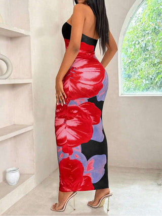 Colorblock Floral Printed Strapless Maxi Dress