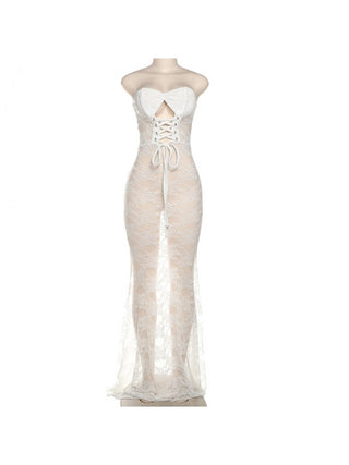 Lace Sheer Tie-wrap Strapless Maxi Dress