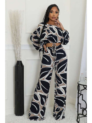 Colorblock Print Cropped Wide Leg Pant Sets